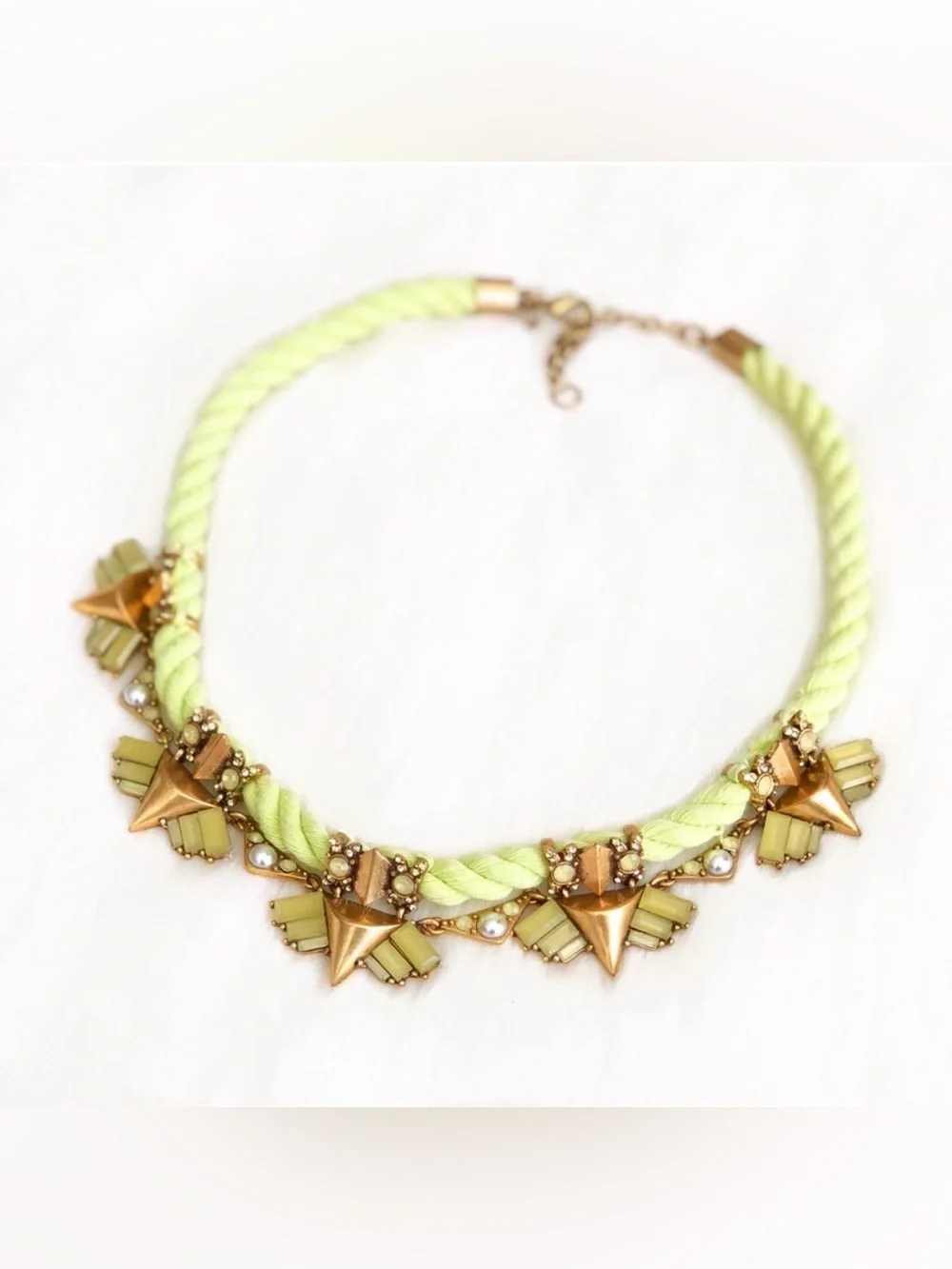 J. Crew Neon Lime Rope Statement Necklace with Gold Accents NWT